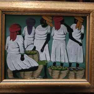 Alfred Emmanuel Vibrant Haitian Women At Market Painting 13 By 12 Framed